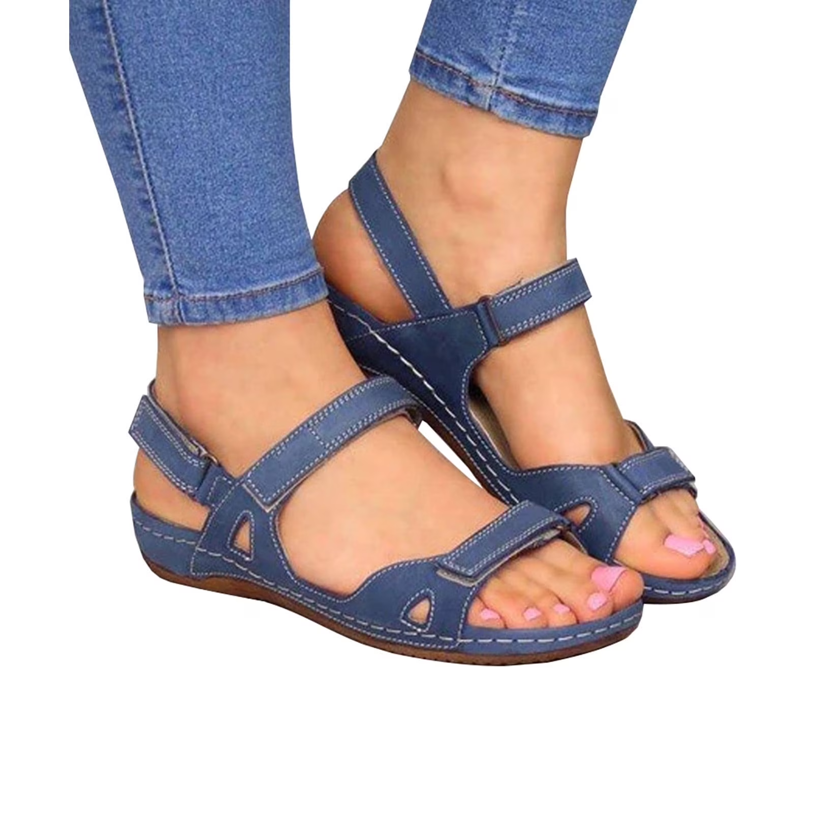 Xfvqtps Sandals for Womens Ankle Strap Low Wedge Arch Support Open Toe Hollow out Solid Color Simplicity Soft Sole Non Slip Comfortable Breathable Beach Summer Walking Casual Shoes