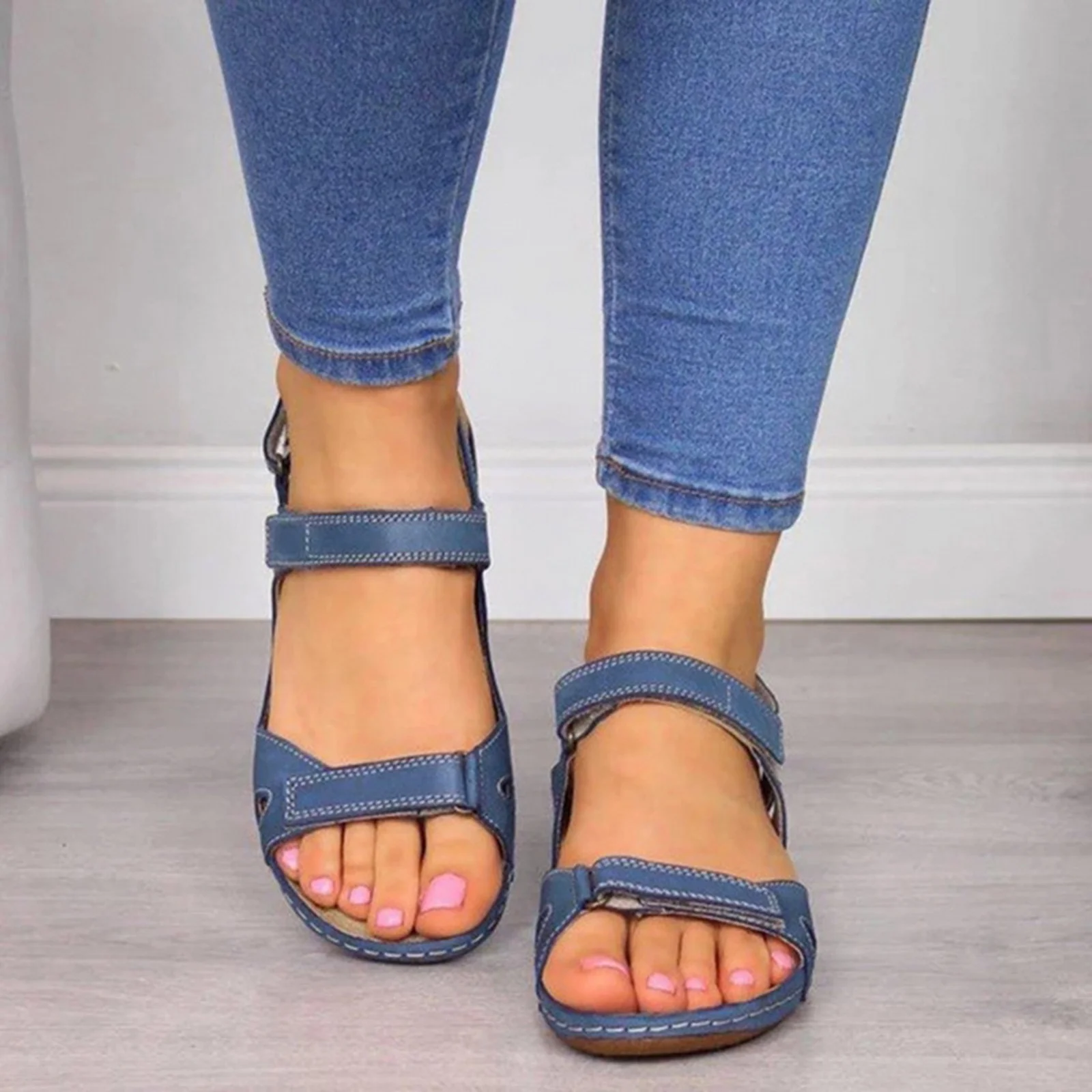 Xfvqtps Sandals for Womens Ankle Strap Low Wedge Arch Support Open Toe Hollow out Solid Color Simplicity Soft Sole Non Slip Comfortable Breathable Beach Summer Walking Casual Shoes
