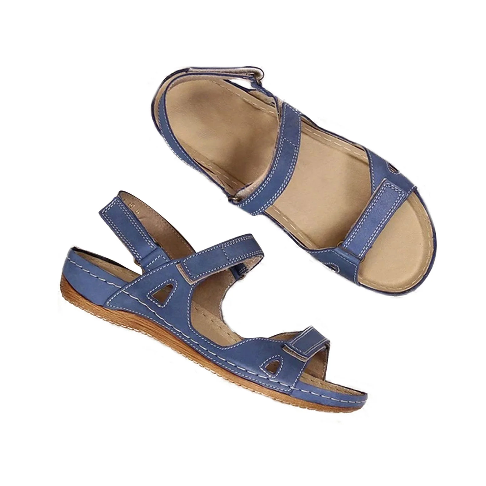 Xfvqtps Sandals for Womens Ankle Strap Low Wedge Arch Support Open Toe Hollow out Solid Color Simplicity Soft Sole Non Slip Comfortable Breathable Beach Summer Walking Casual Shoes