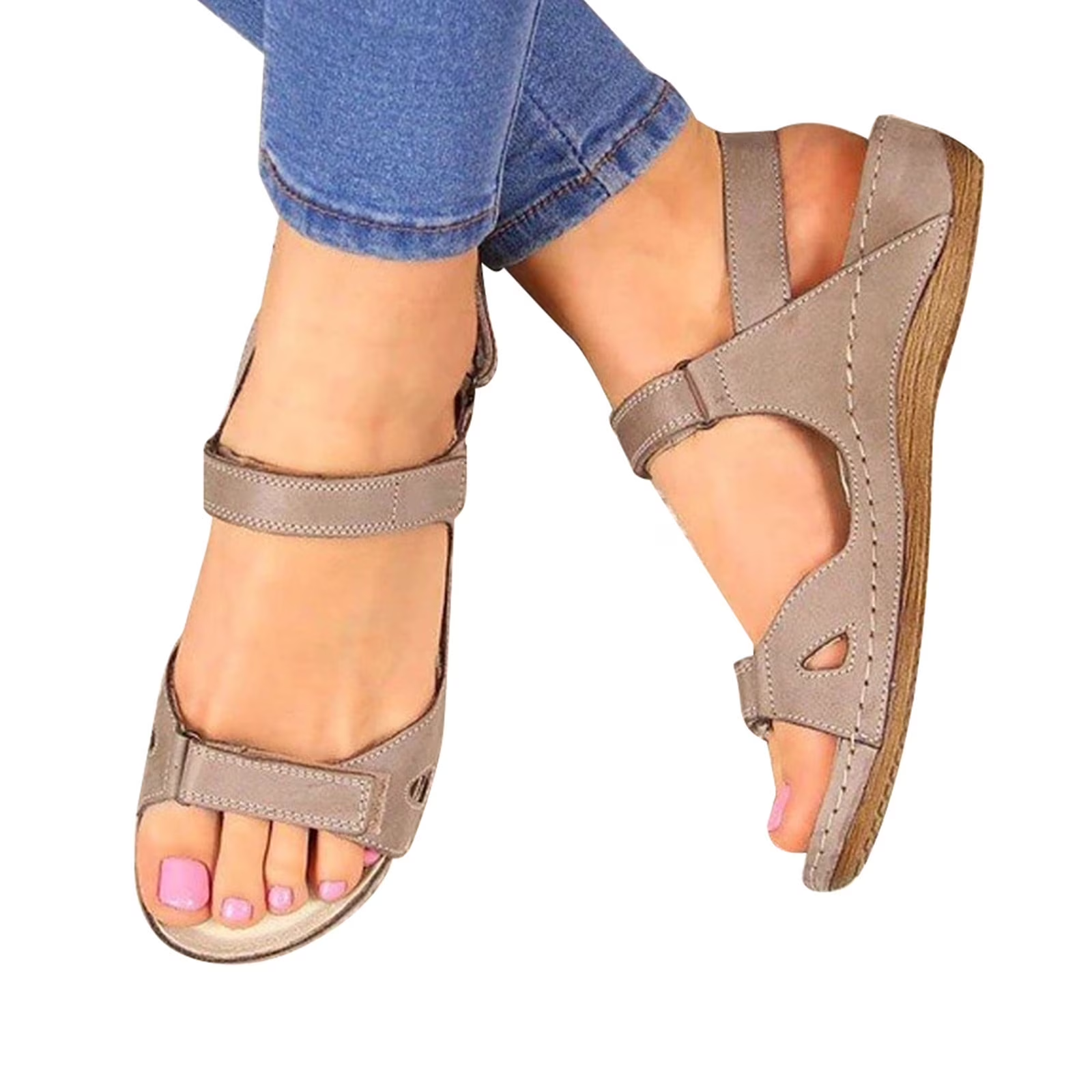 Xfvqtps Sandals for Womens Ankle Strap Low Wedge Arch Support Open Toe Hollow out Solid Color Simplicity Soft Sole Non Slip Comfortable Breathable Beach Summer Walking Casual Shoes