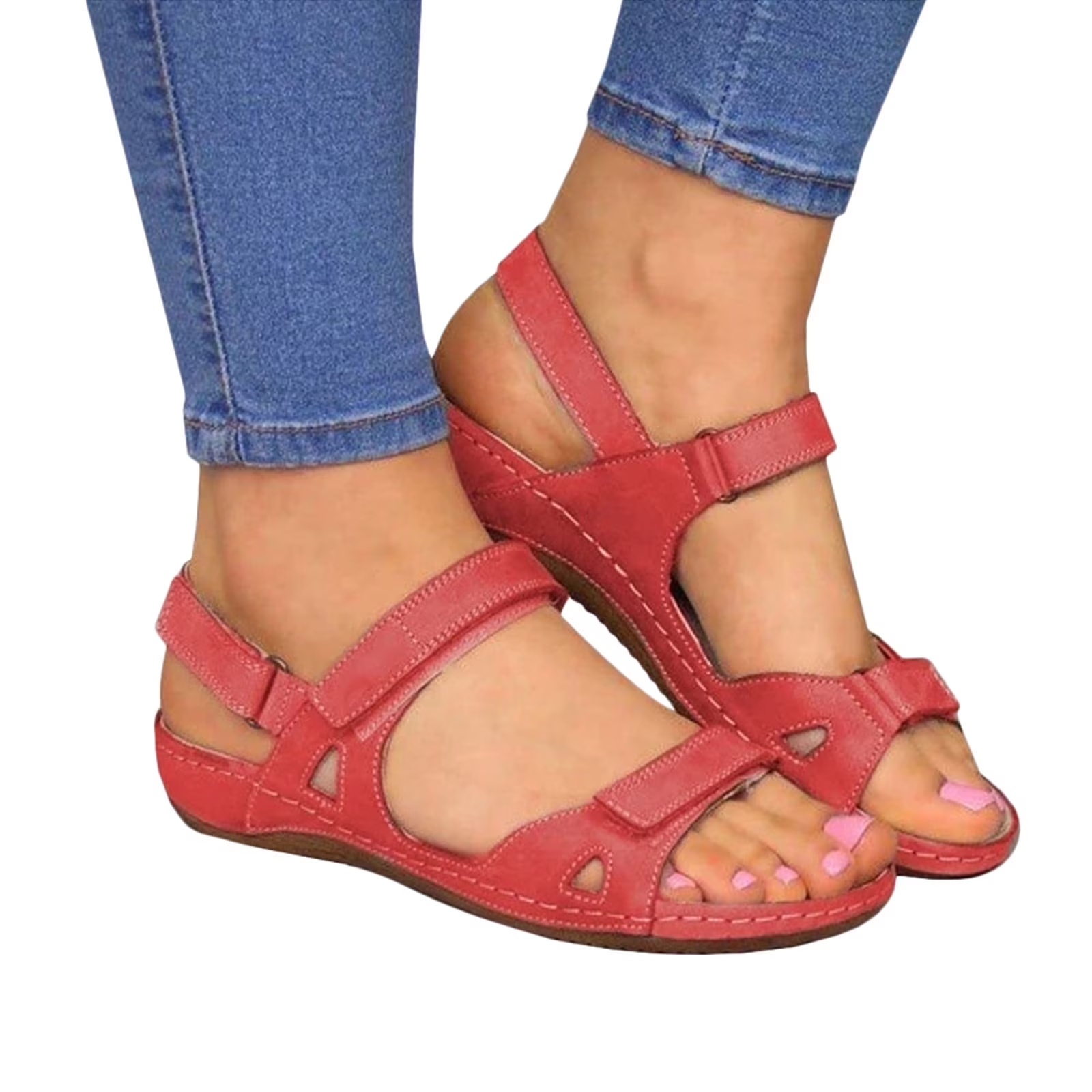 Xfvqtps Sandals for Womens Ankle Strap Low Wedge Arch Support Open Toe Hollow out Solid Color Simplicity Soft Sole Non Slip Comfortable Breathable Beach Summer Walking Casual Shoes