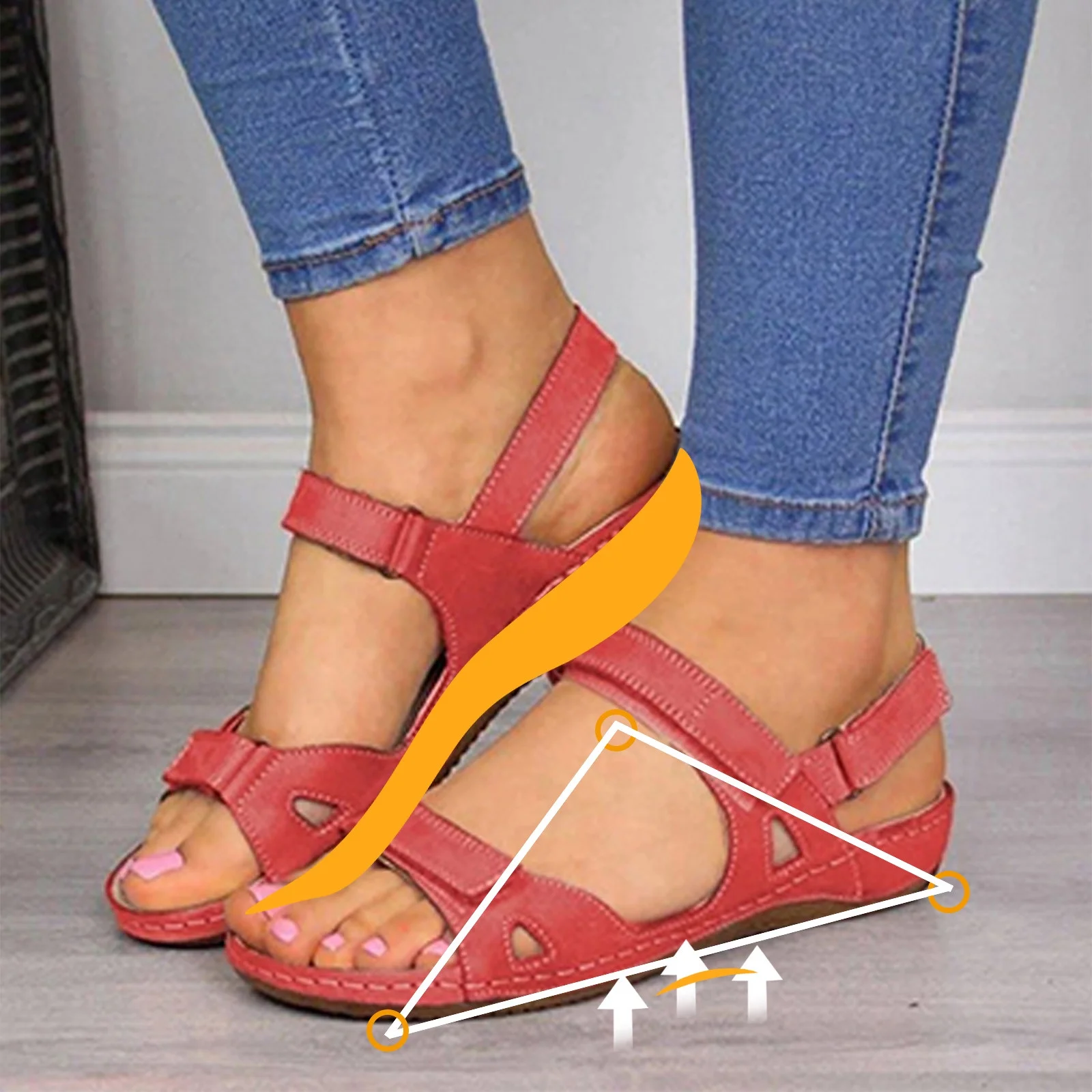 Xfvqtps Sandals for Womens Ankle Strap Low Wedge Arch Support Open Toe Hollow out Solid Color Simplicity Soft Sole Non Slip Comfortable Breathable Beach Summer Walking Casual Shoes