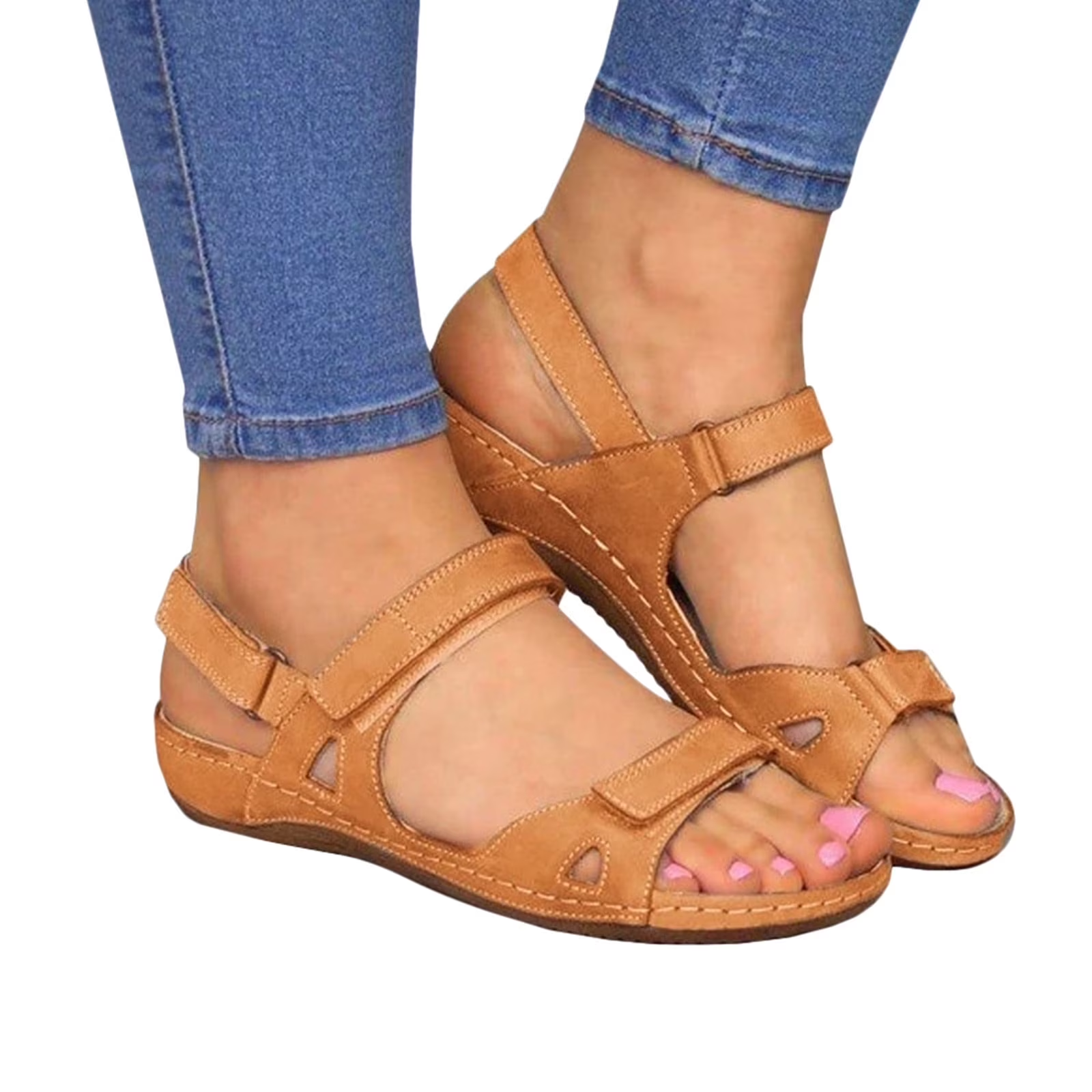 Xfvqtps Sandals for Womens Ankle Strap Low Wedge Arch Support Open Toe Hollow out Solid Color Simplicity Soft Sole Non Slip Comfortable Breathable Beach Summer Walking Casual Shoes