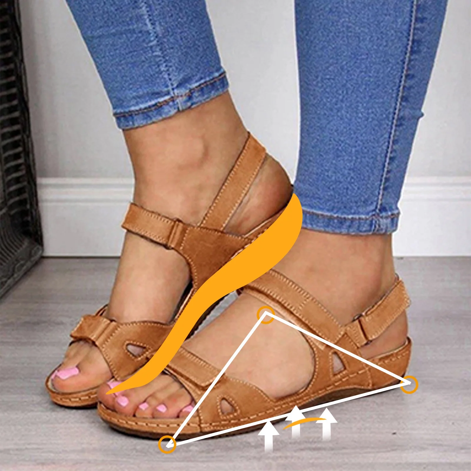 Xfvqtps Sandals for Womens Ankle Strap Low Wedge Arch Support Open Toe Hollow out Solid Color Simplicity Soft Sole Non Slip Comfortable Breathable Beach Summer Walking Casual Shoes