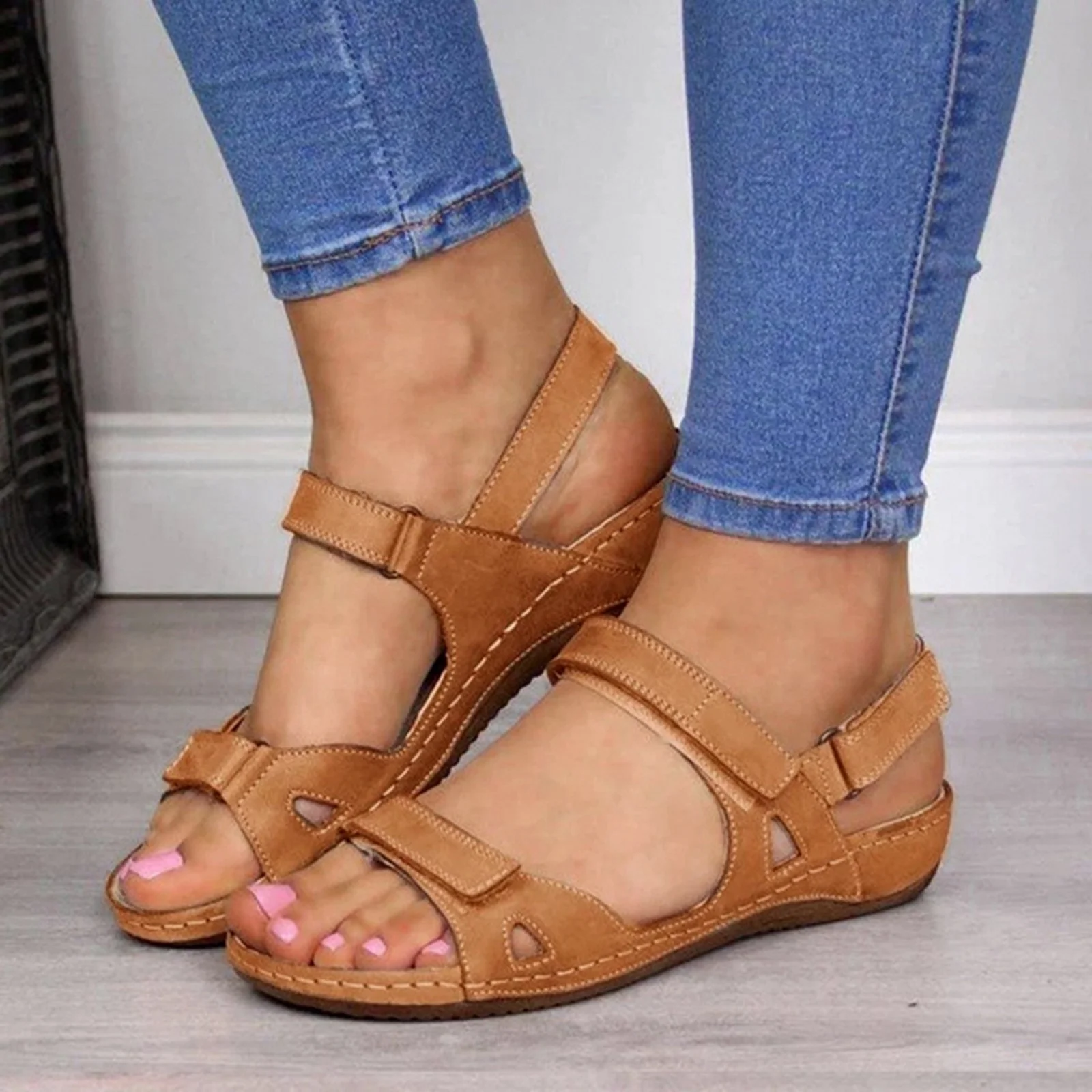 Xfvqtps Sandals for Womens Ankle Strap Low Wedge Arch Support Open Toe Hollow out Solid Color Simplicity Soft Sole Non Slip Comfortable Breathable Beach Summer Walking Casual Shoes