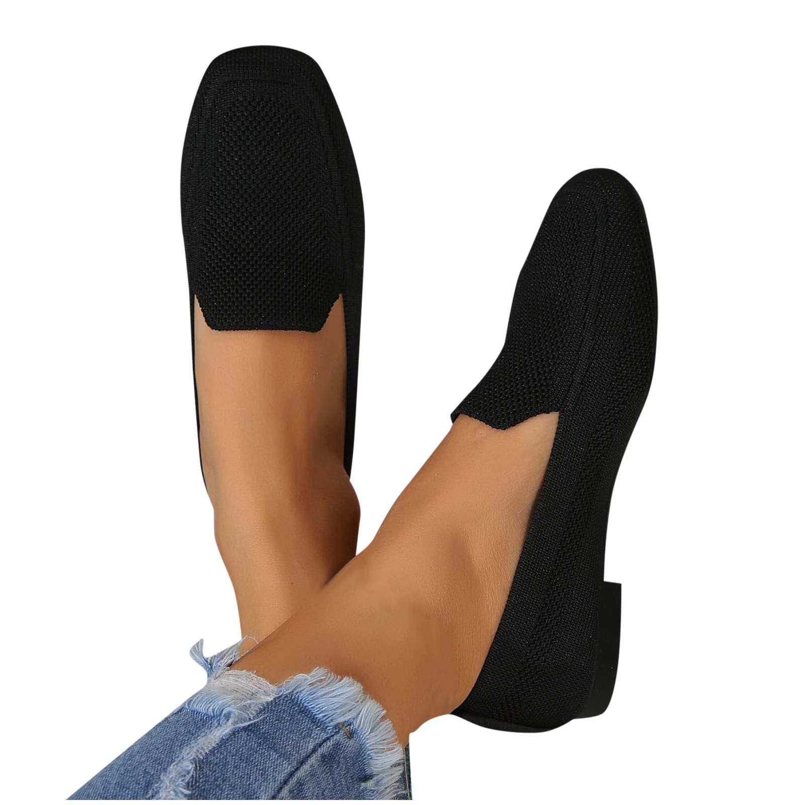 Xfvqtps Womens Square Toe Knit Flats Breathable Flying Woven Slip on Loafers Lightweight Comfortable Casual Shoes