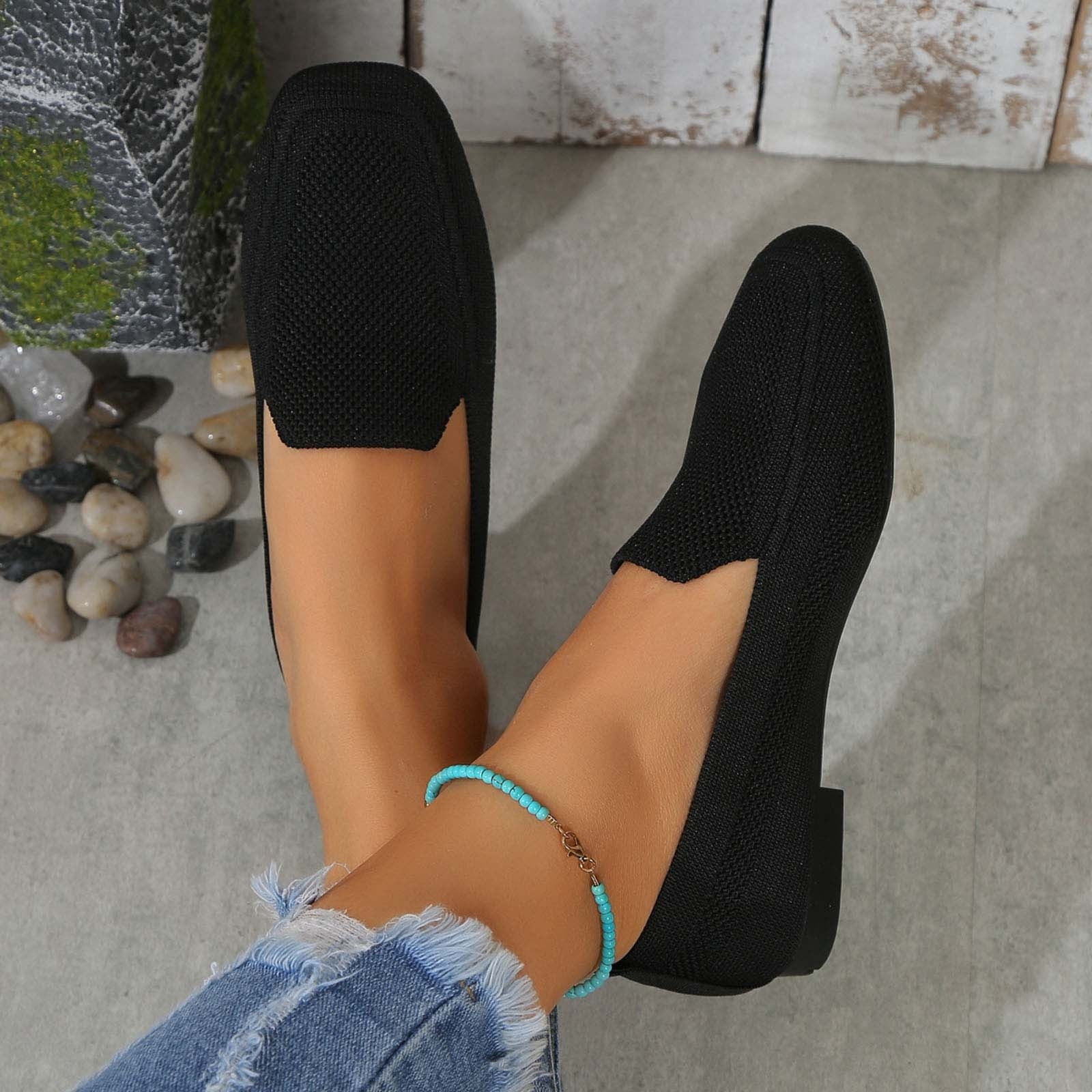 Xfvqtps Womens Square Toe Knit Flats Breathable Flying Woven Slip on Loafers Lightweight Comfortable Casual Shoes
