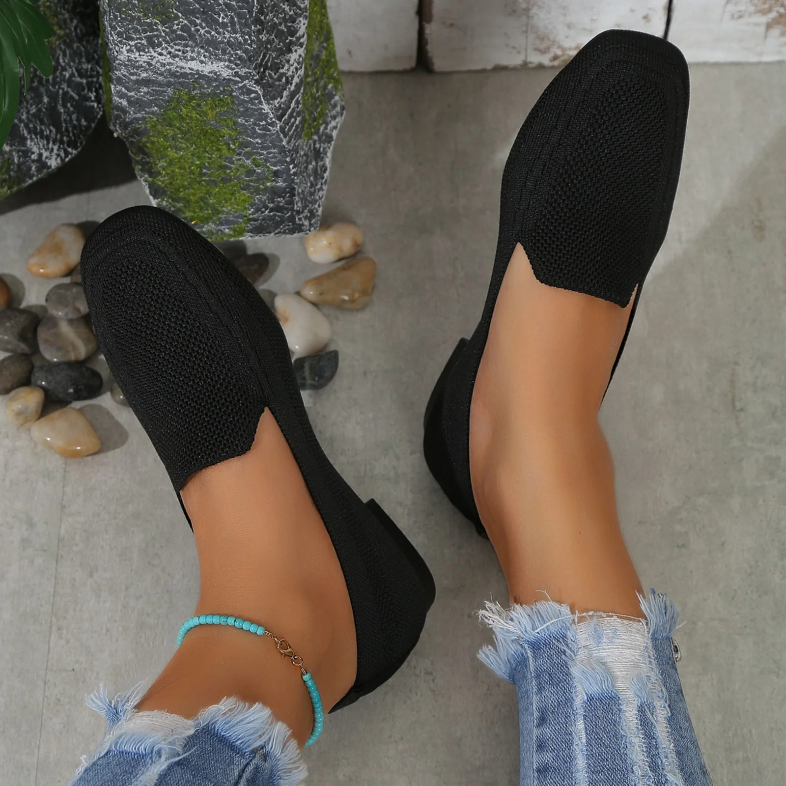 Xfvqtps Womens Square Toe Knit Flats Breathable Flying Woven Slip on Loafers Lightweight Comfortable Casual Shoes