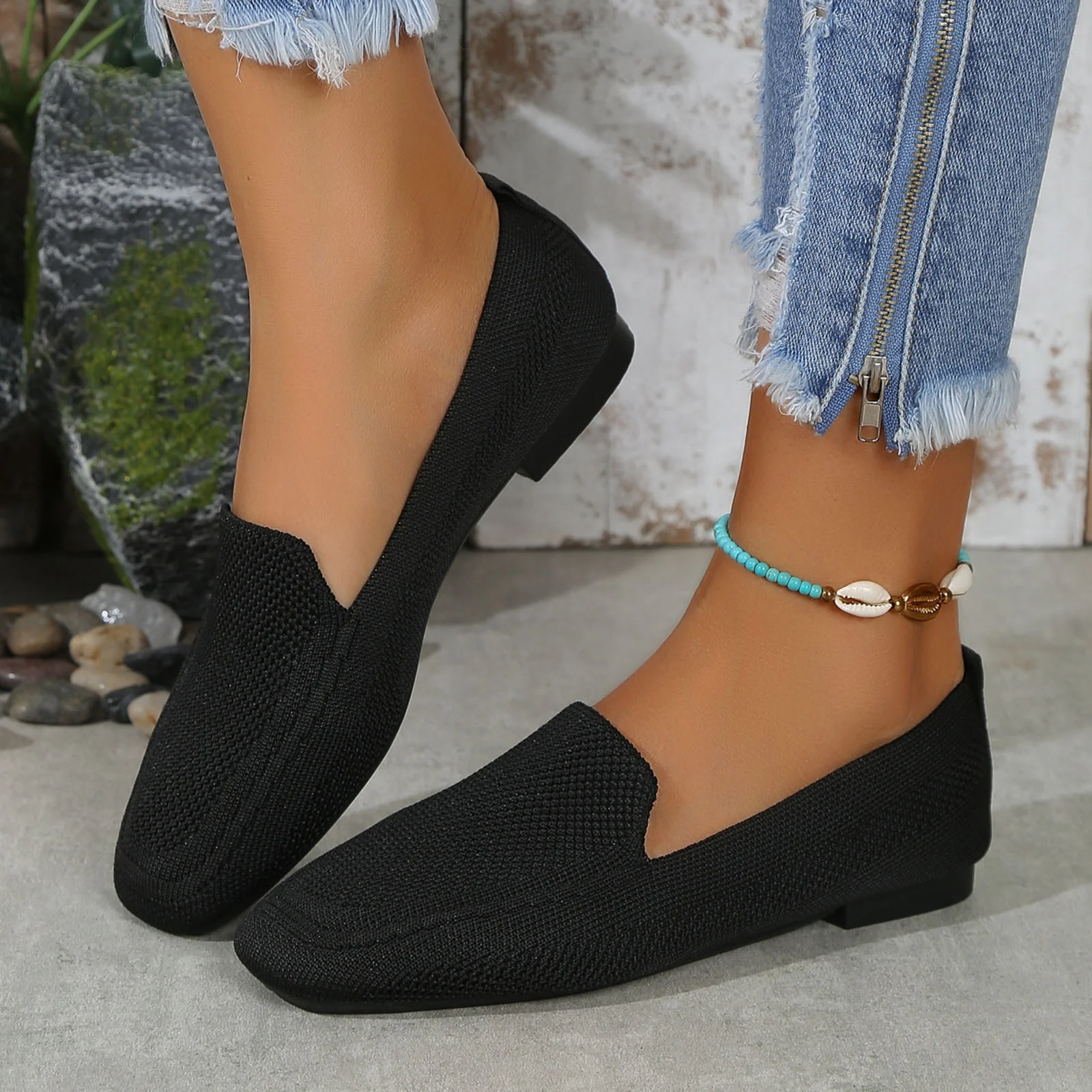 Xfvqtps Womens Square Toe Knit Flats Breathable Flying Woven Slip on Loafers Lightweight Comfortable Casual Shoes