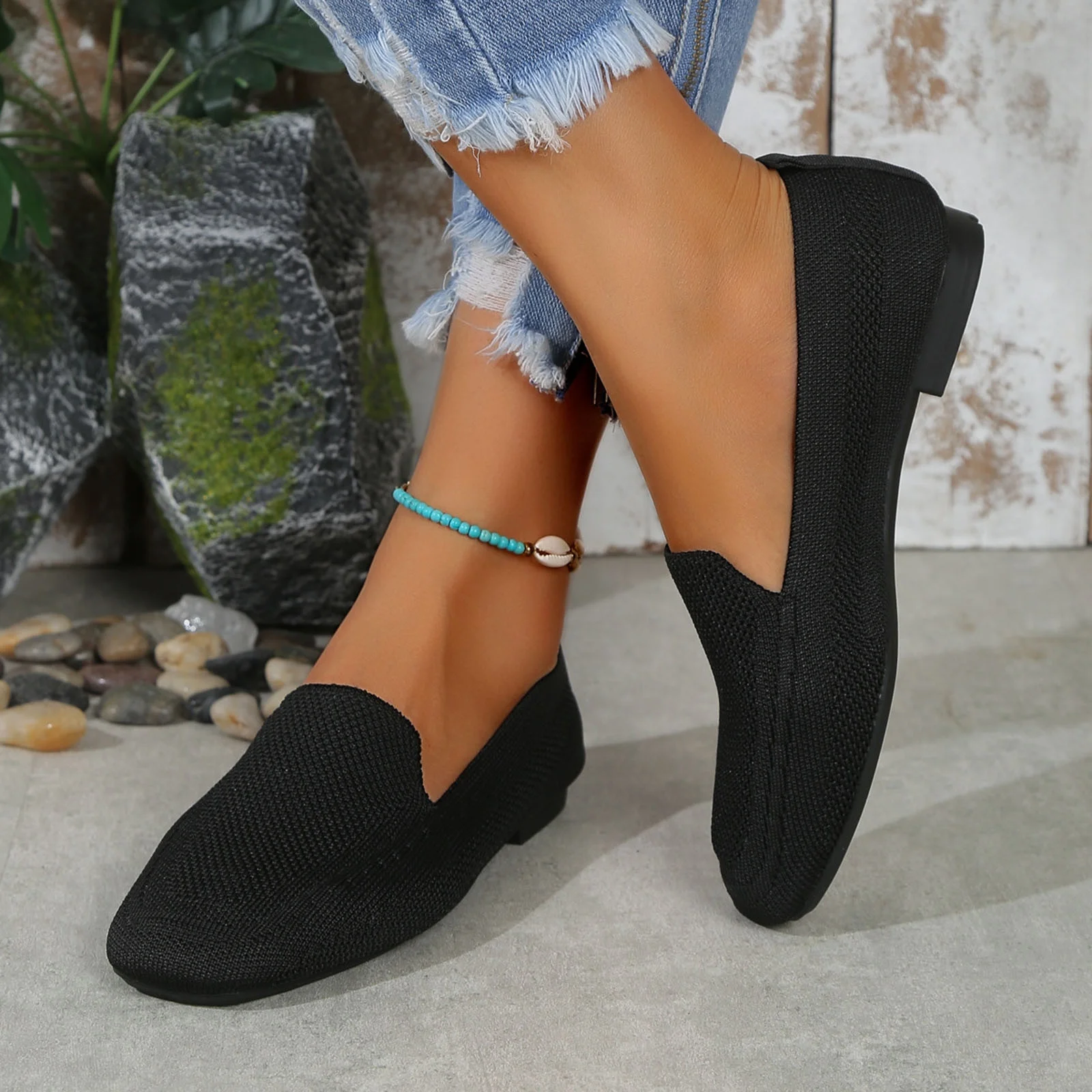 Xfvqtps Womens Square Toe Knit Flats Breathable Flying Woven Slip on Loafers Lightweight Comfortable Casual Shoes