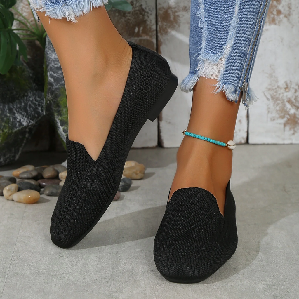 Xfvqtps Womens Square Toe Knit Flats Breathable Flying Woven Slip on Loafers Lightweight Comfortable Casual Shoes