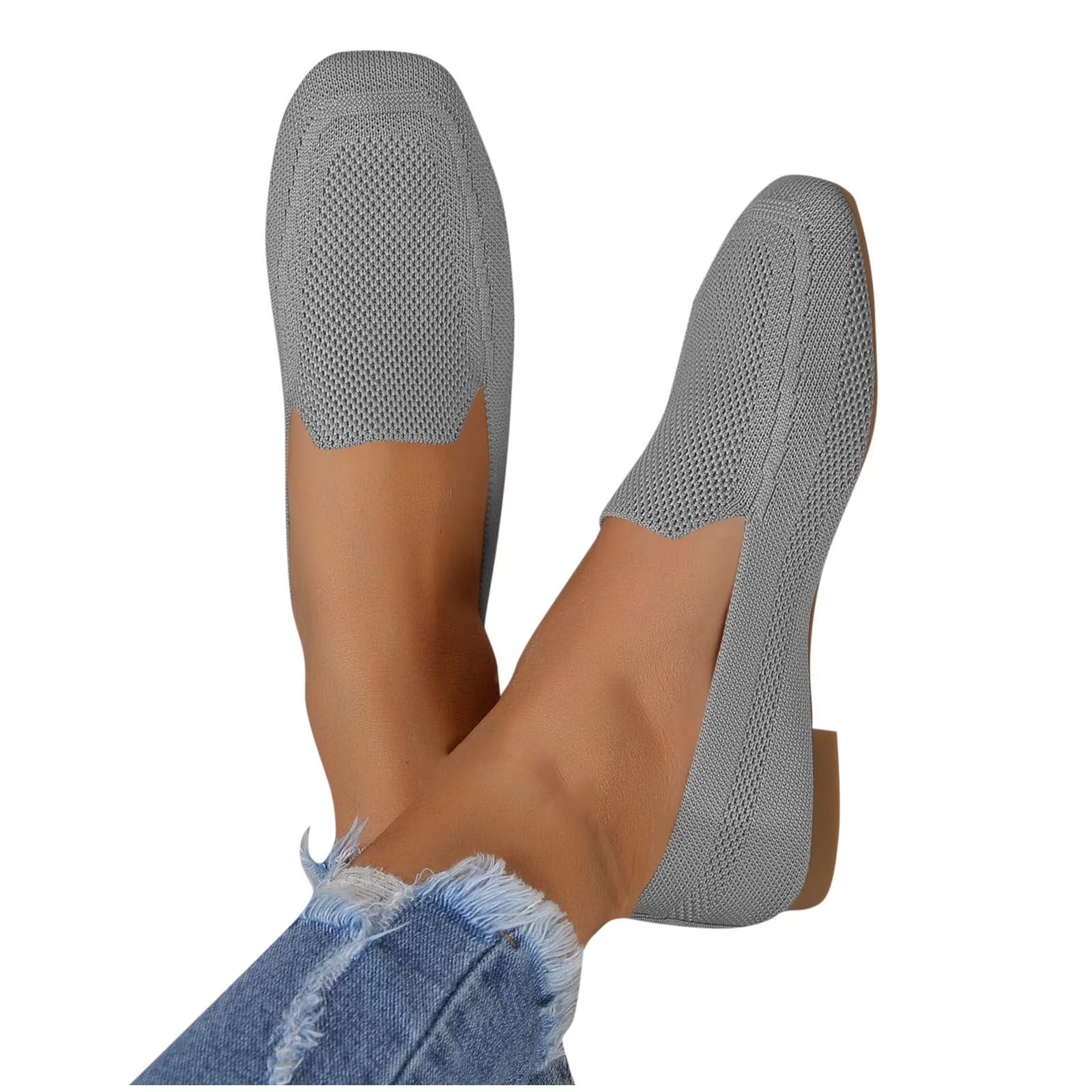 Xfvqtps Womens Square Toe Knit Flats Breathable Flying Woven Slip on Loafers Lightweight Comfortable Casual Shoes