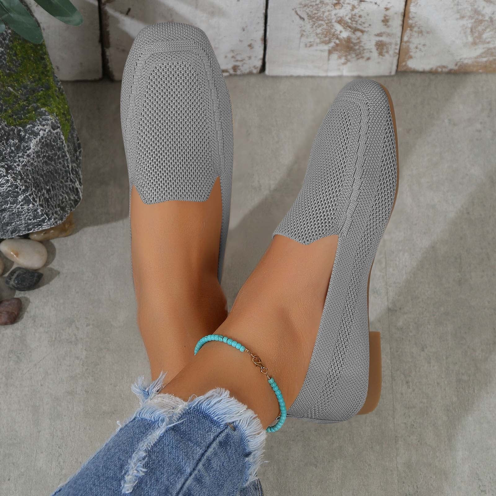 Xfvqtps Womens Square Toe Knit Flats Breathable Flying Woven Slip on Loafers Lightweight Comfortable Casual Shoes