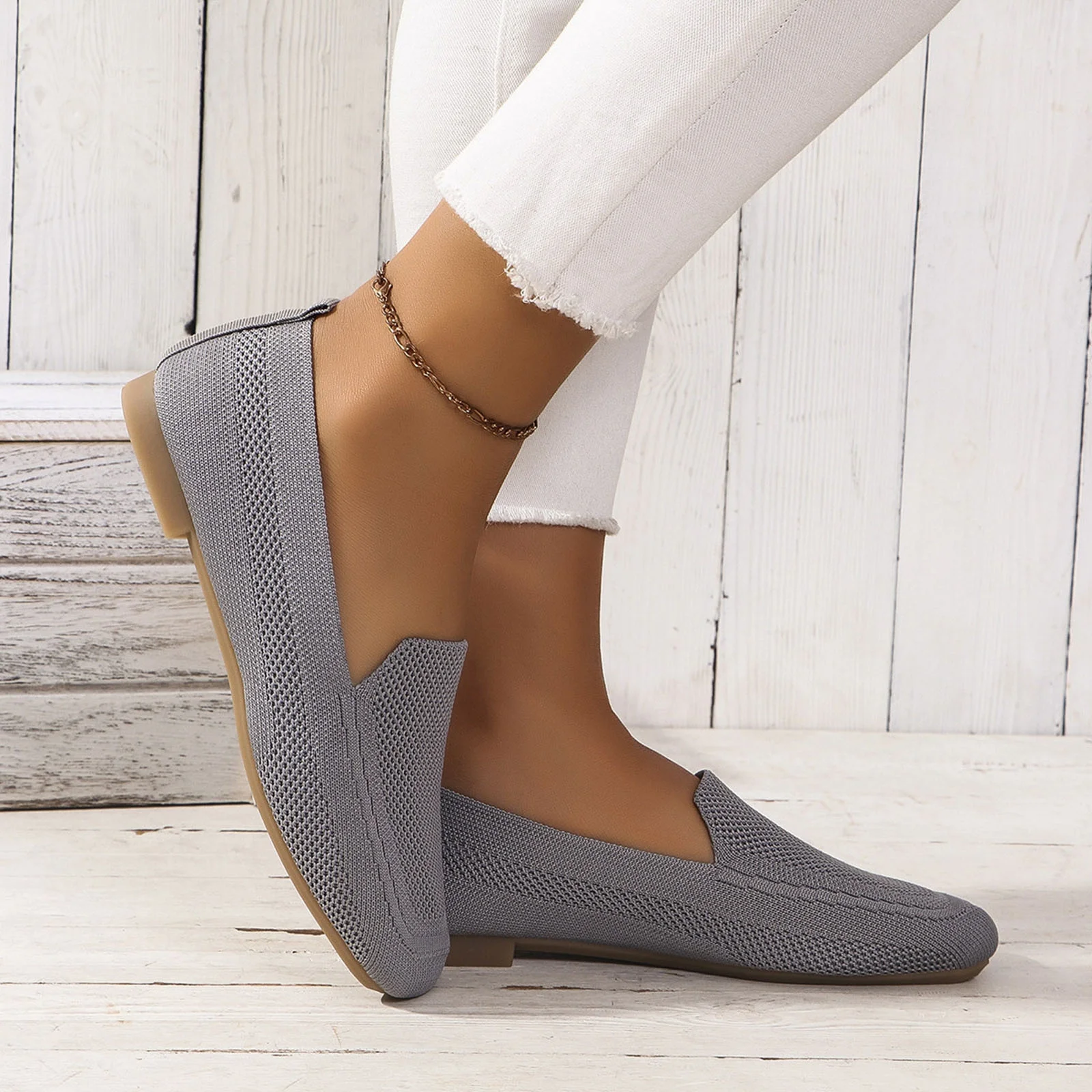Xfvqtps Womens Square Toe Knit Flats Breathable Flying Woven Slip on Loafers Lightweight Comfortable Casual Shoes