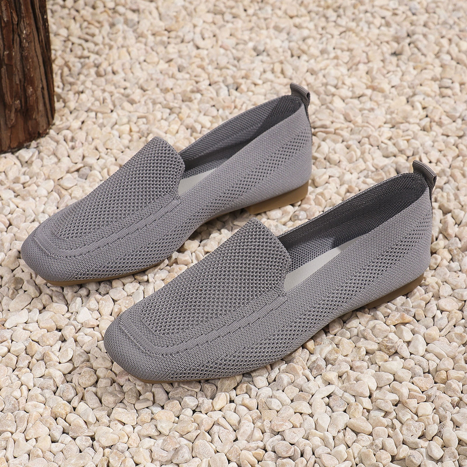 Xfvqtps Womens Square Toe Knit Flats Breathable Flying Woven Slip on Loafers Lightweight Comfortable Casual Shoes