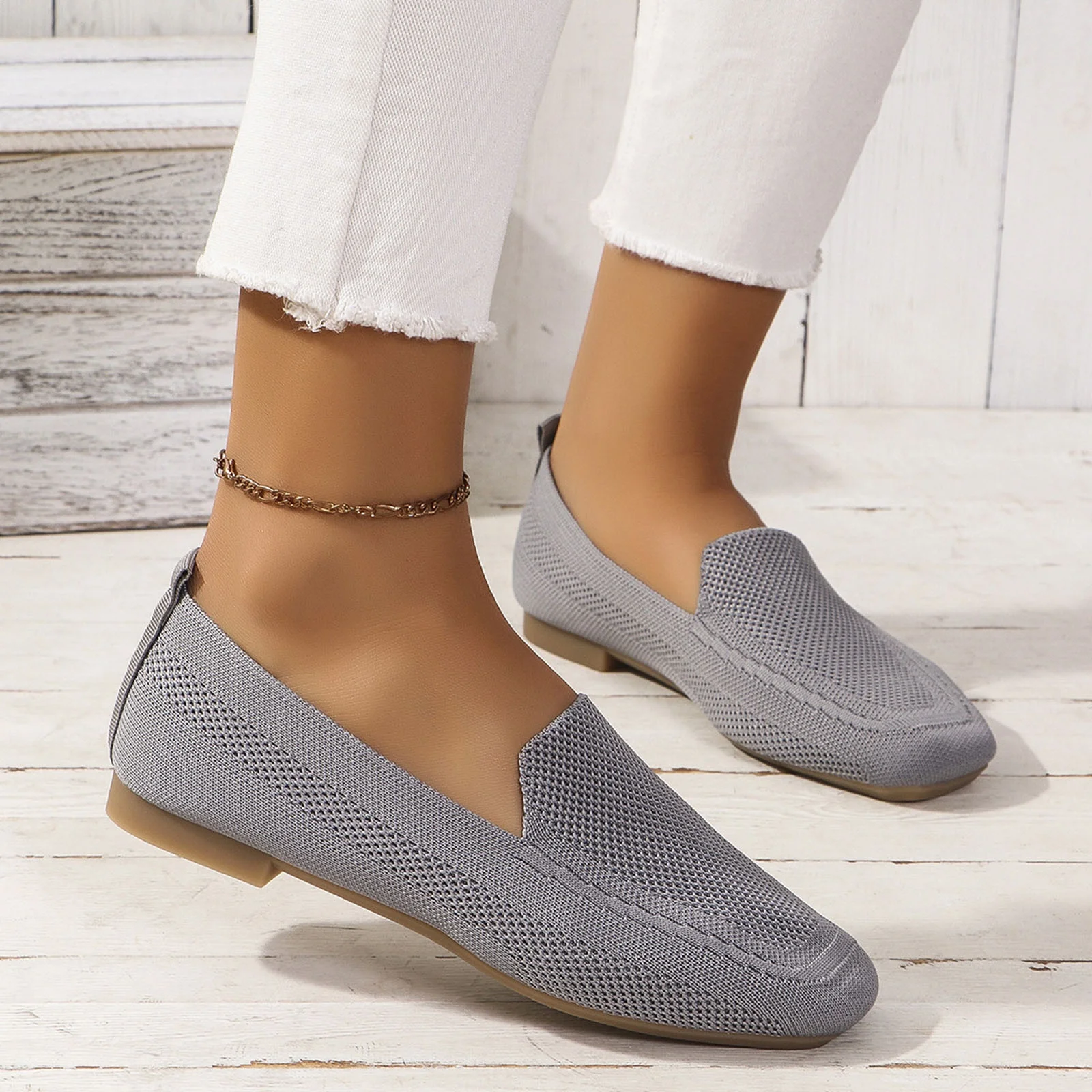 Xfvqtps Womens Square Toe Knit Flats Breathable Flying Woven Slip on Loafers Lightweight Comfortable Casual Shoes