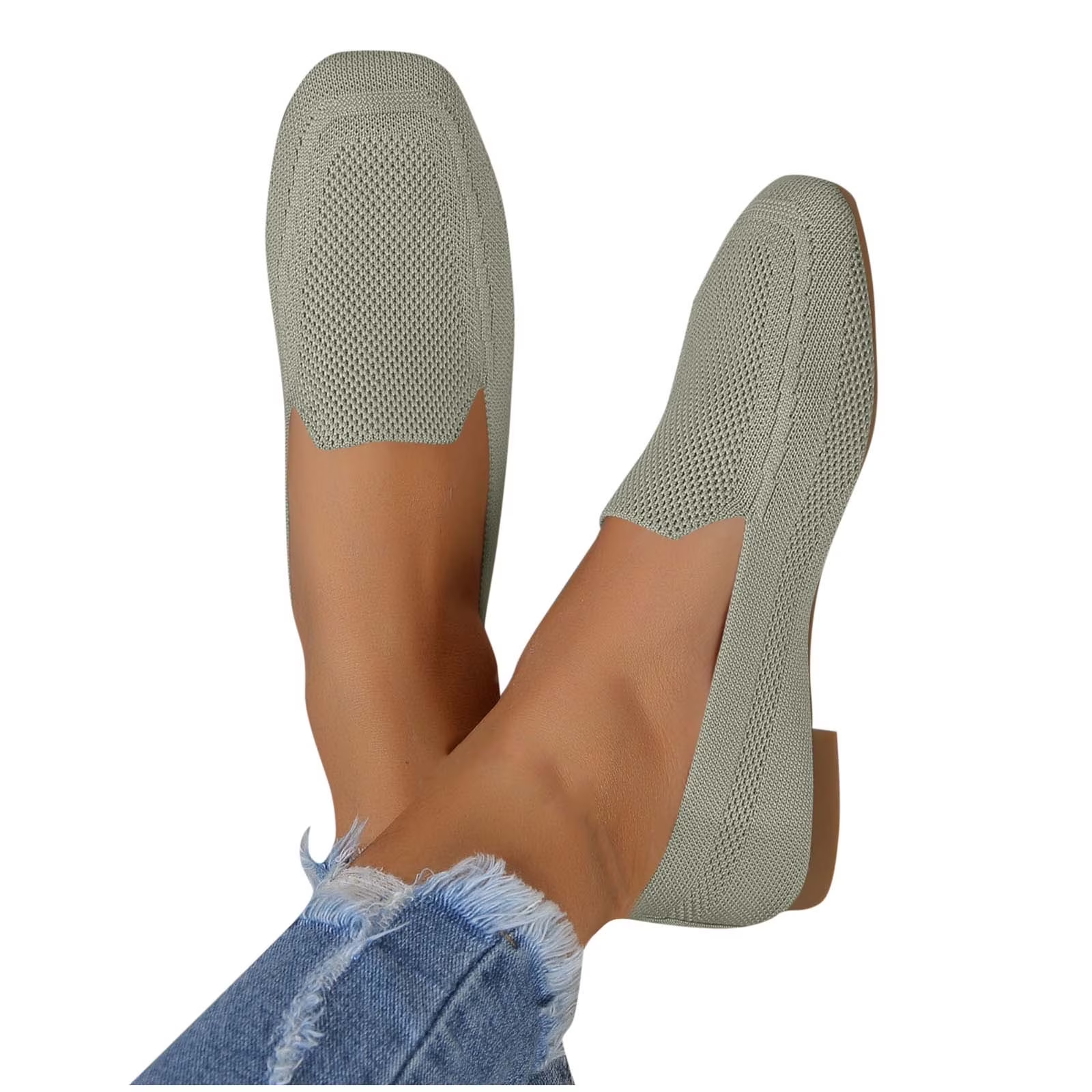 Xfvqtps Womens Square Toe Knit Flats Breathable Flying Woven Slip on Loafers Lightweight Comfortable Casual Shoes