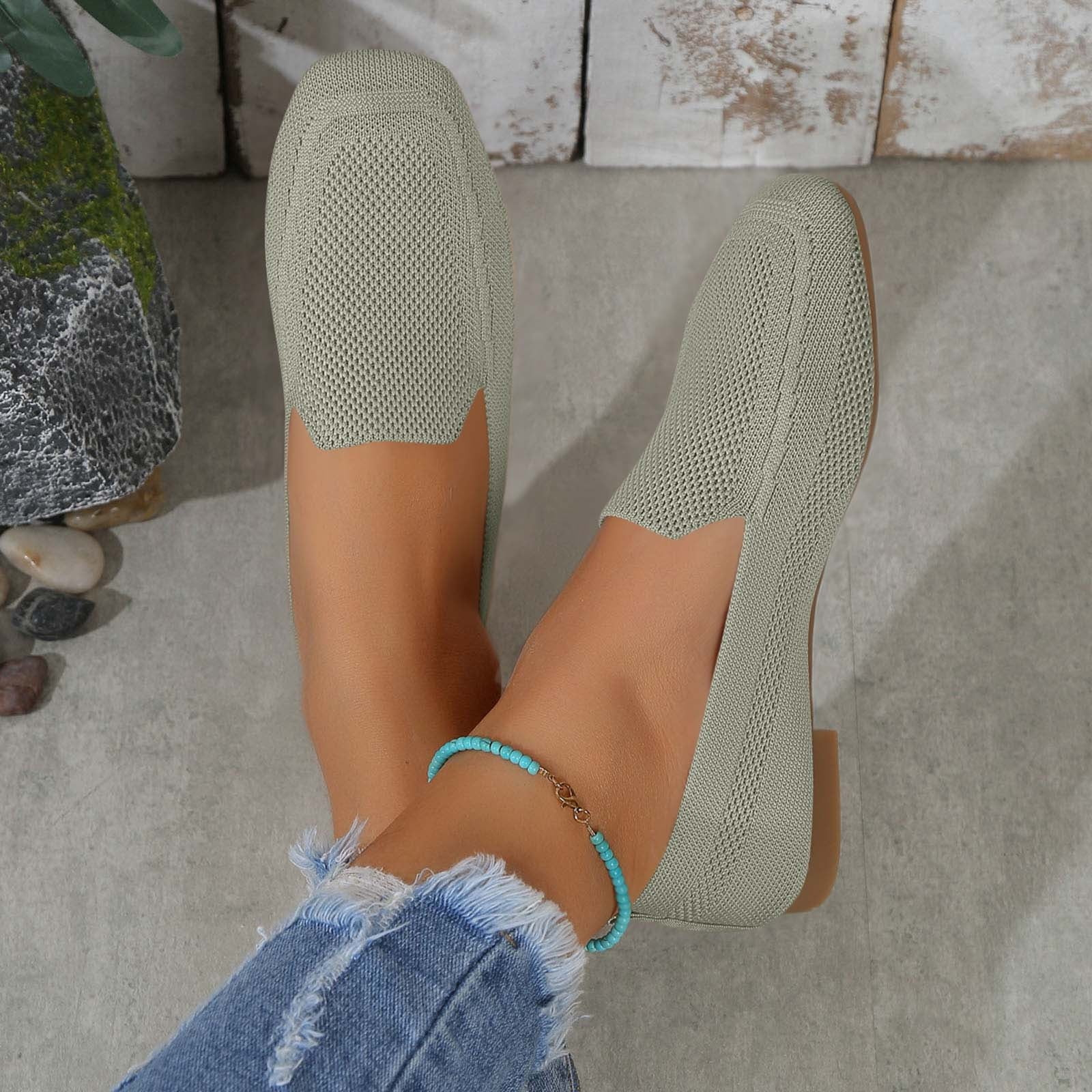 Xfvqtps Womens Square Toe Knit Flats Breathable Flying Woven Slip on Loafers Lightweight Comfortable Casual Shoes
