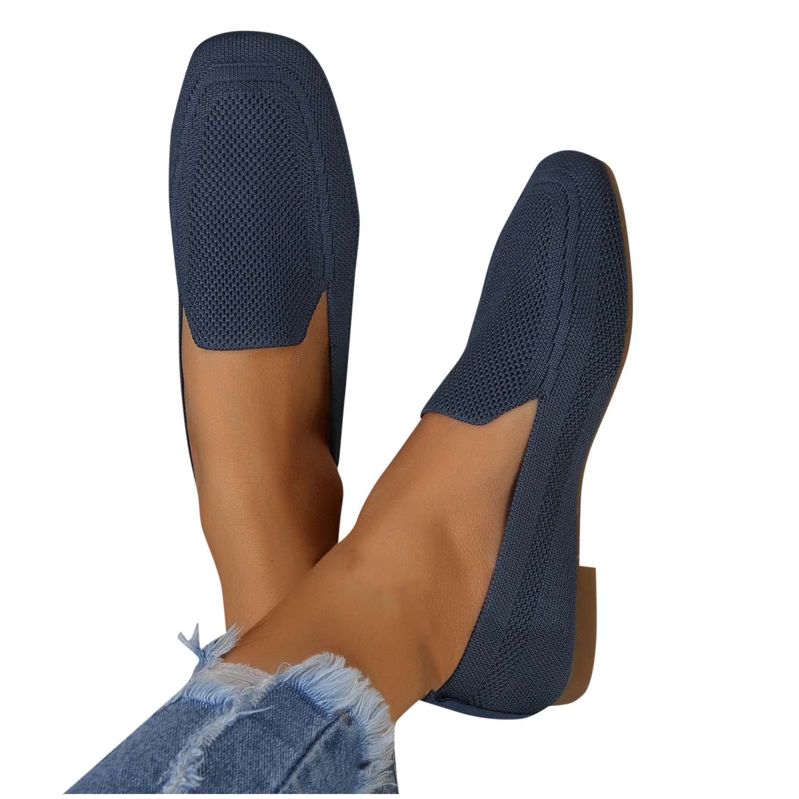 Xfvqtps Womens Square Toe Knit Flats Breathable Flying Woven Slip on Loafers Lightweight Comfortable Casual Shoes