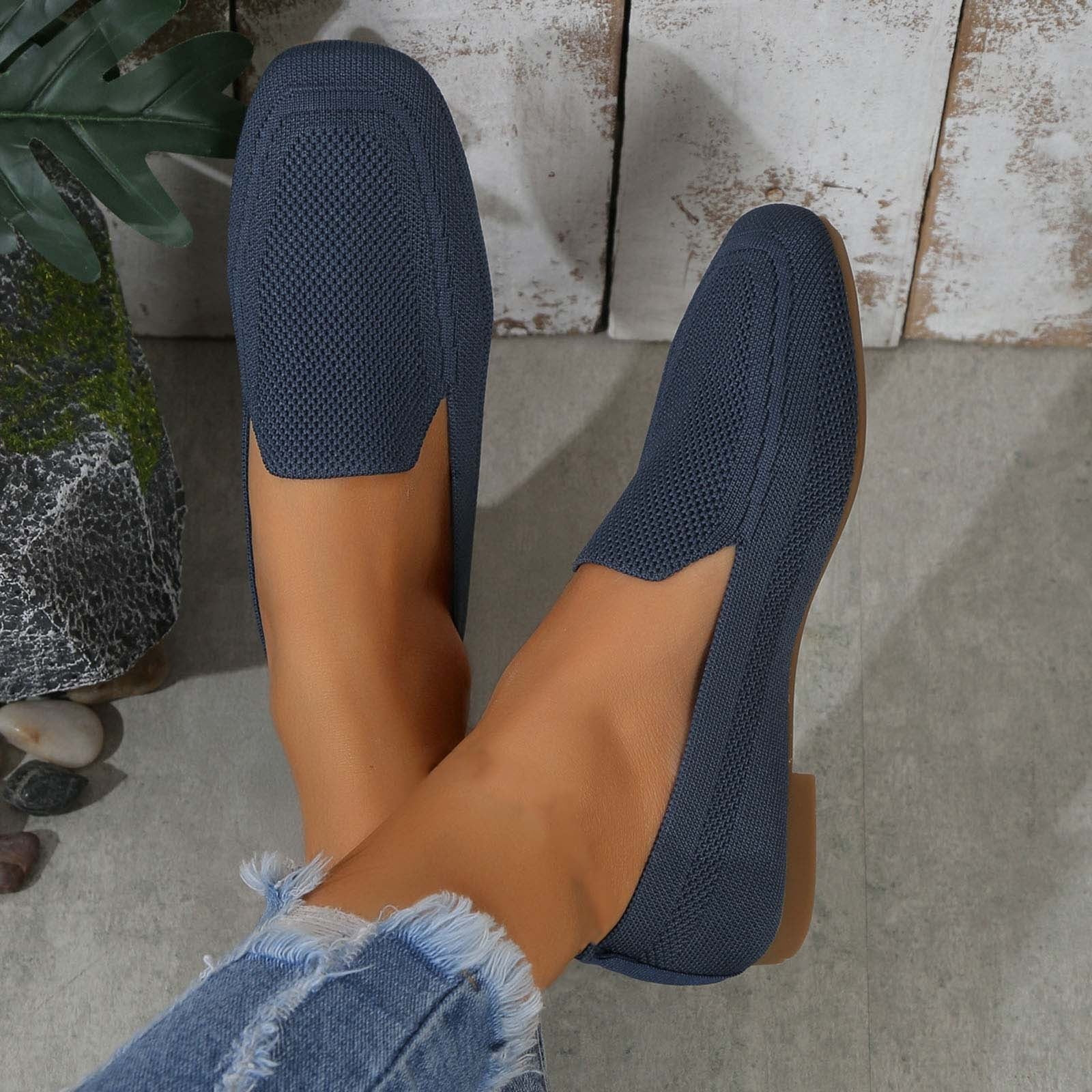 Xfvqtps Womens Square Toe Knit Flats Breathable Flying Woven Slip on Loafers Lightweight Comfortable Casual Shoes