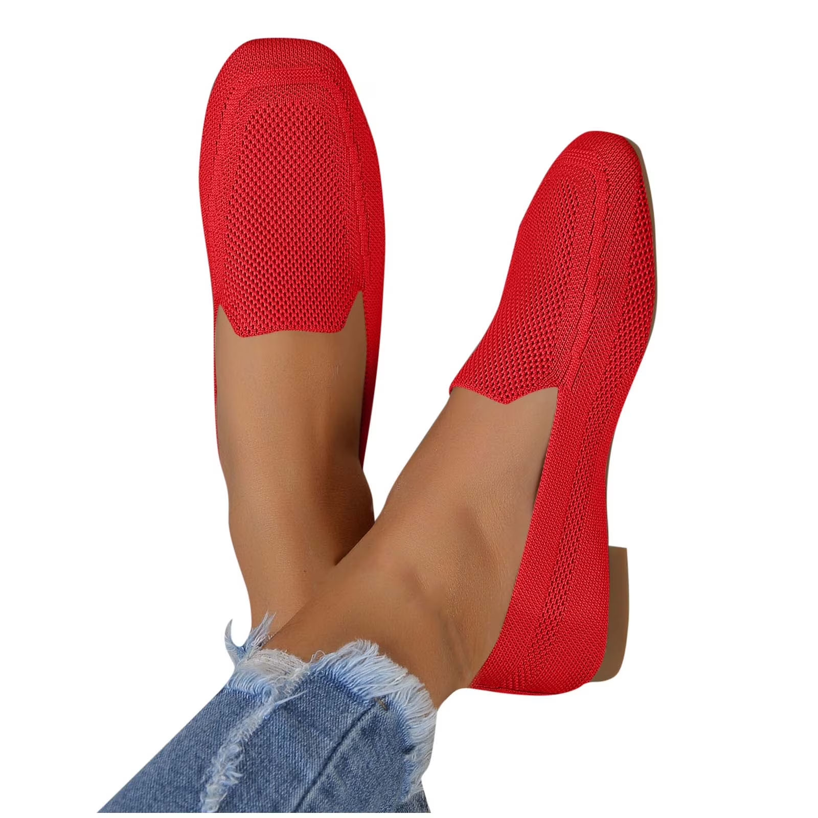 Xfvqtps Womens Square Toe Knit Flats Breathable Flying Woven Slip on Loafers Lightweight Comfortable Casual Shoes