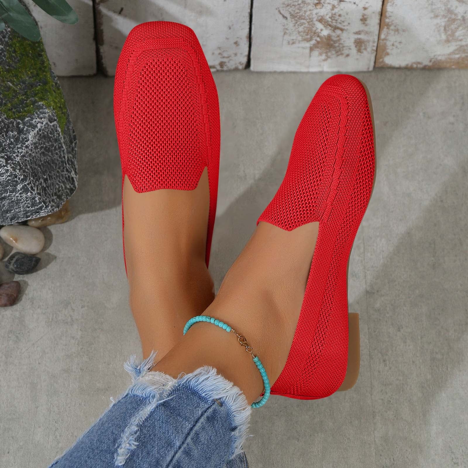 Xfvqtps Womens Square Toe Knit Flats Breathable Flying Woven Slip on Loafers Lightweight Comfortable Casual Shoes
