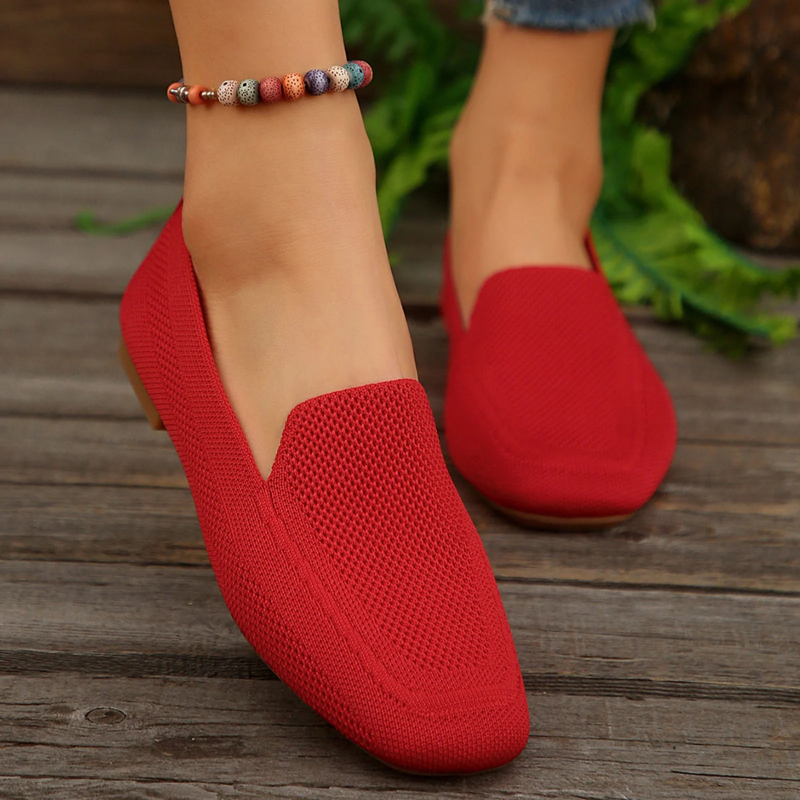 Xfvqtps Womens Square Toe Knit Flats Breathable Flying Woven Slip on Loafers Lightweight Comfortable Casual Shoes