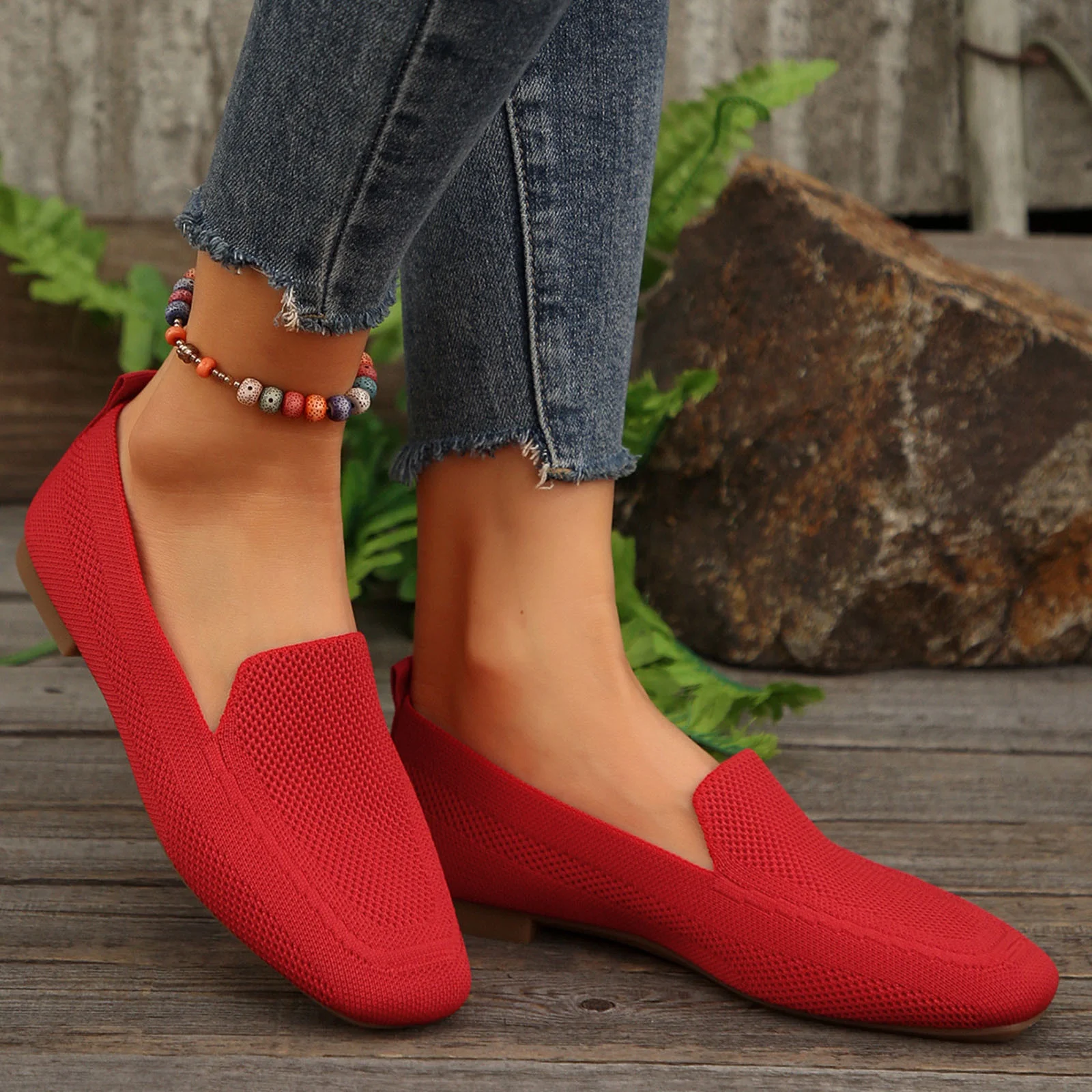 Xfvqtps Womens Square Toe Knit Flats Breathable Flying Woven Slip on Loafers Lightweight Comfortable Casual Shoes