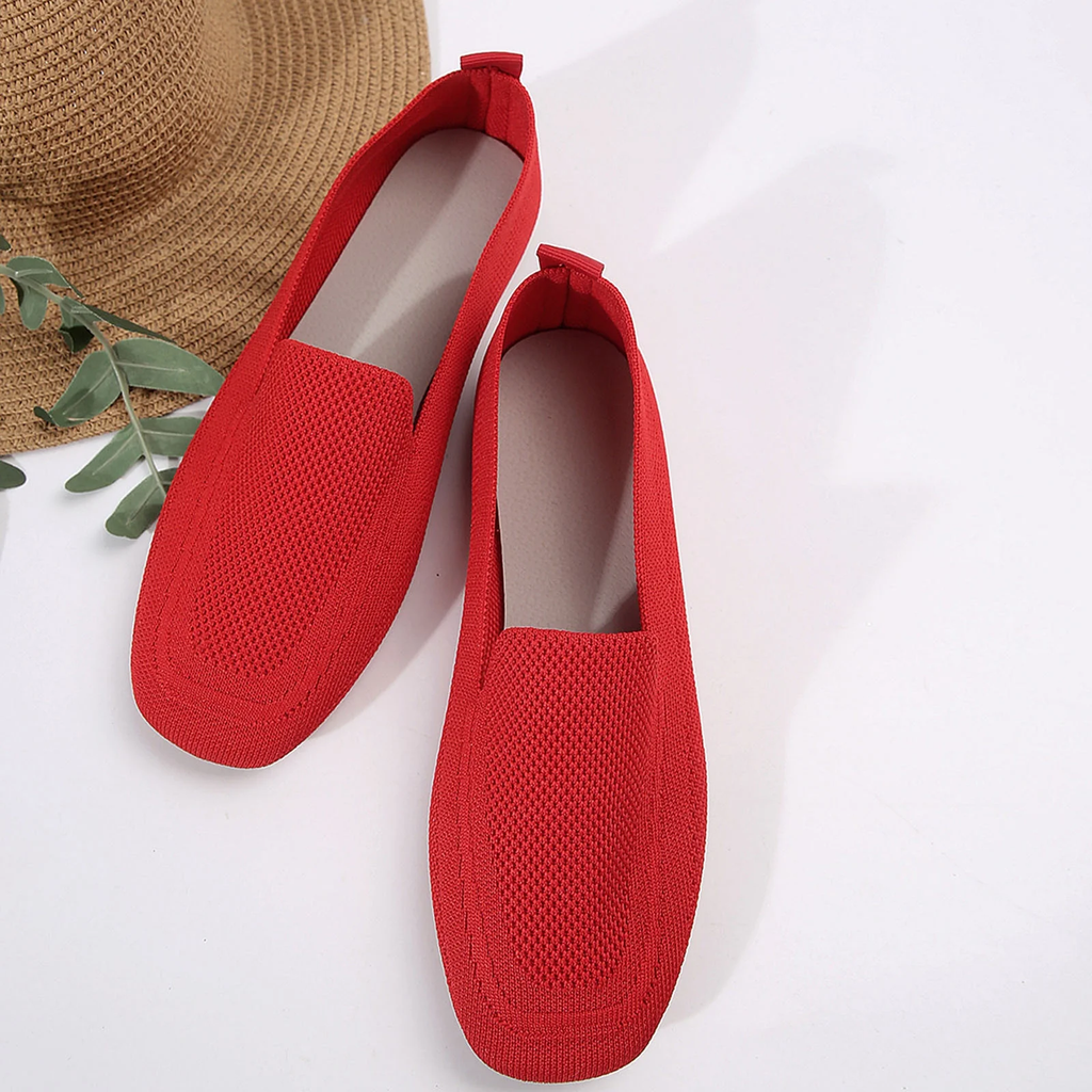 Xfvqtps Womens Square Toe Knit Flats Breathable Flying Woven Slip on Loafers Lightweight Comfortable Casual Shoes