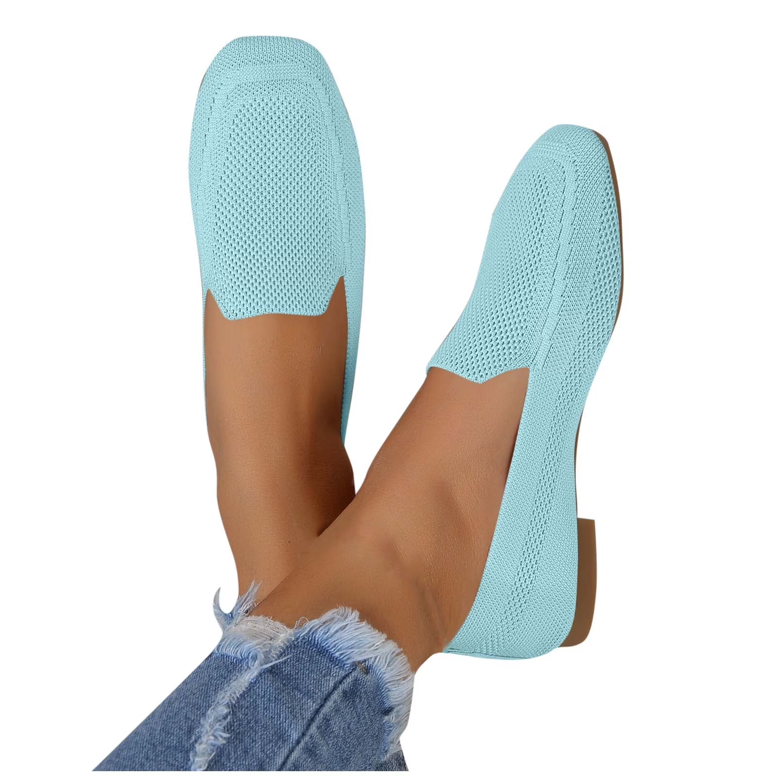 Xfvqtps Womens Square Toe Knit Flats Breathable Flying Woven Slip on Loafers Lightweight Comfortable Casual Shoes