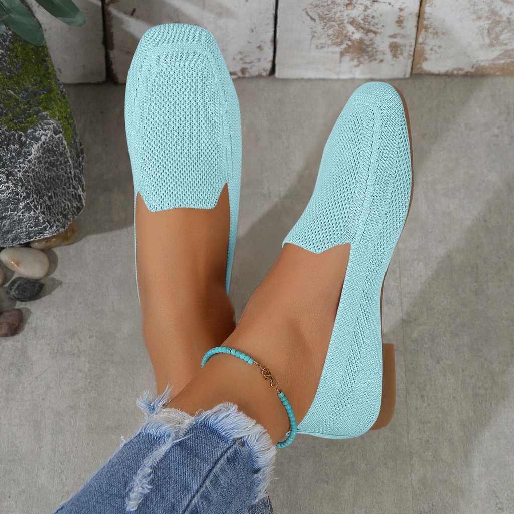 Xfvqtps Womens Square Toe Knit Flats Breathable Flying Woven Slip on Loafers Lightweight Comfortable Casual Shoes