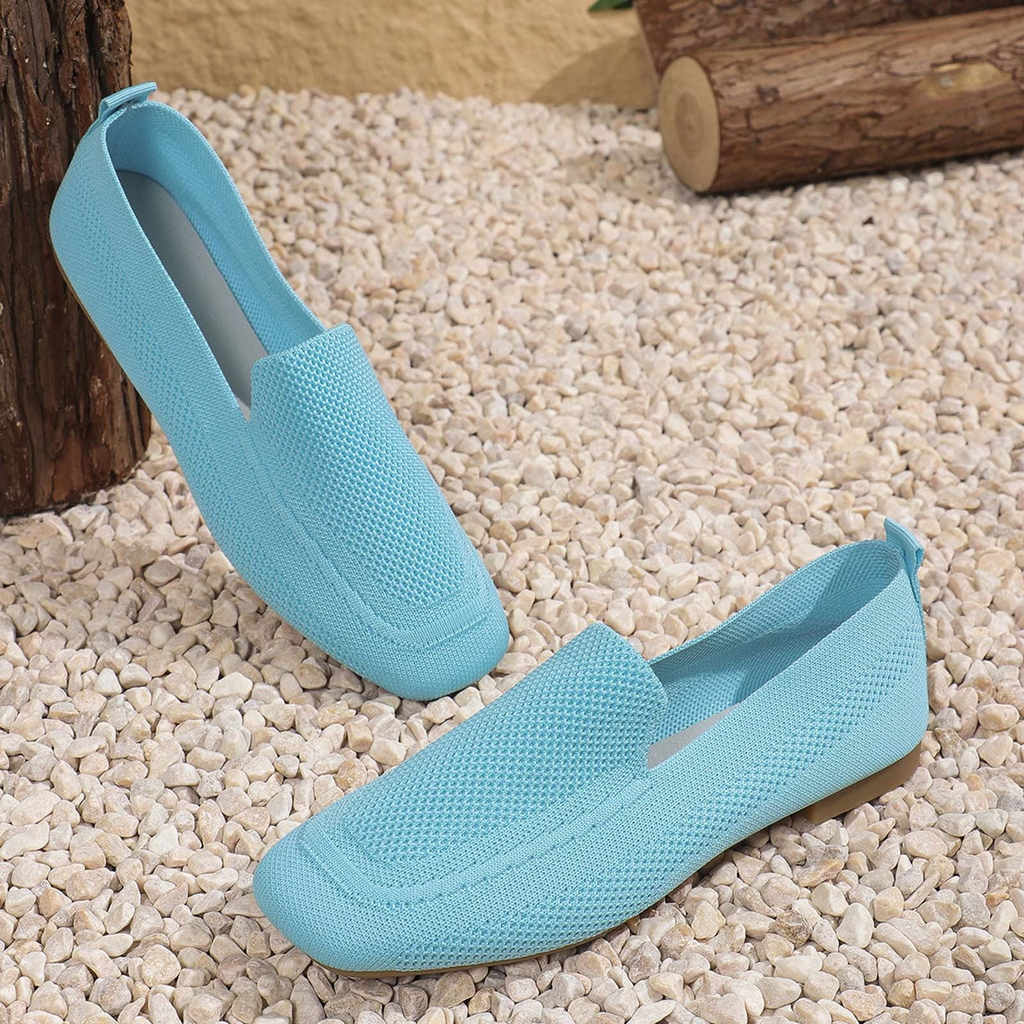 Xfvqtps Womens Square Toe Knit Flats Breathable Flying Woven Slip on Loafers Lightweight Comfortable Casual Shoes