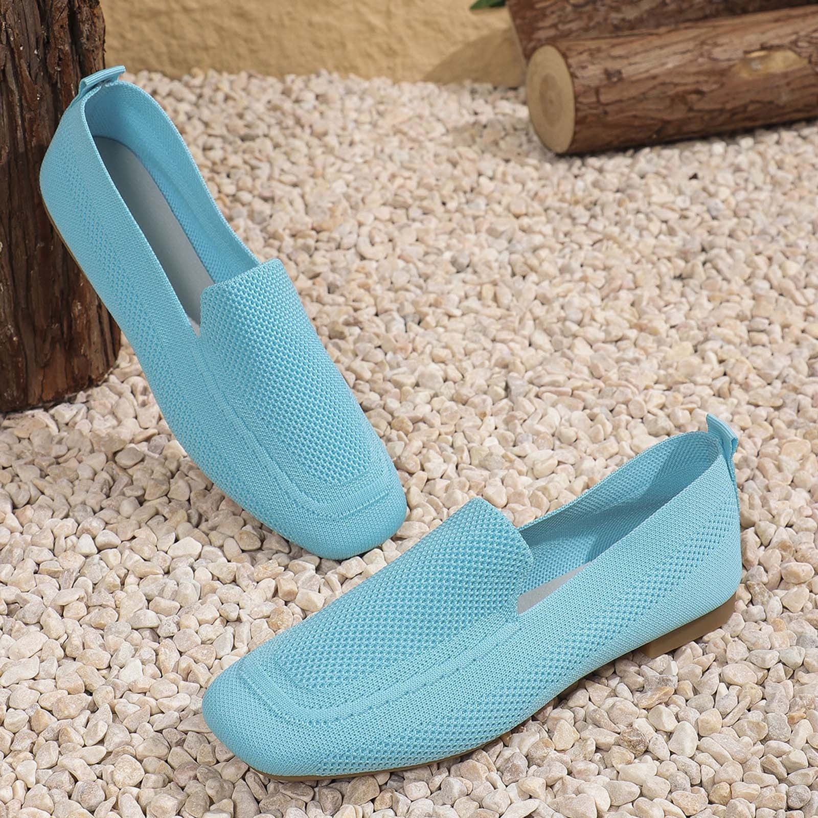 Xfvqtps Womens Square Toe Knit Flats Breathable Flying Woven Slip on Loafers Lightweight Comfortable Casual Shoes